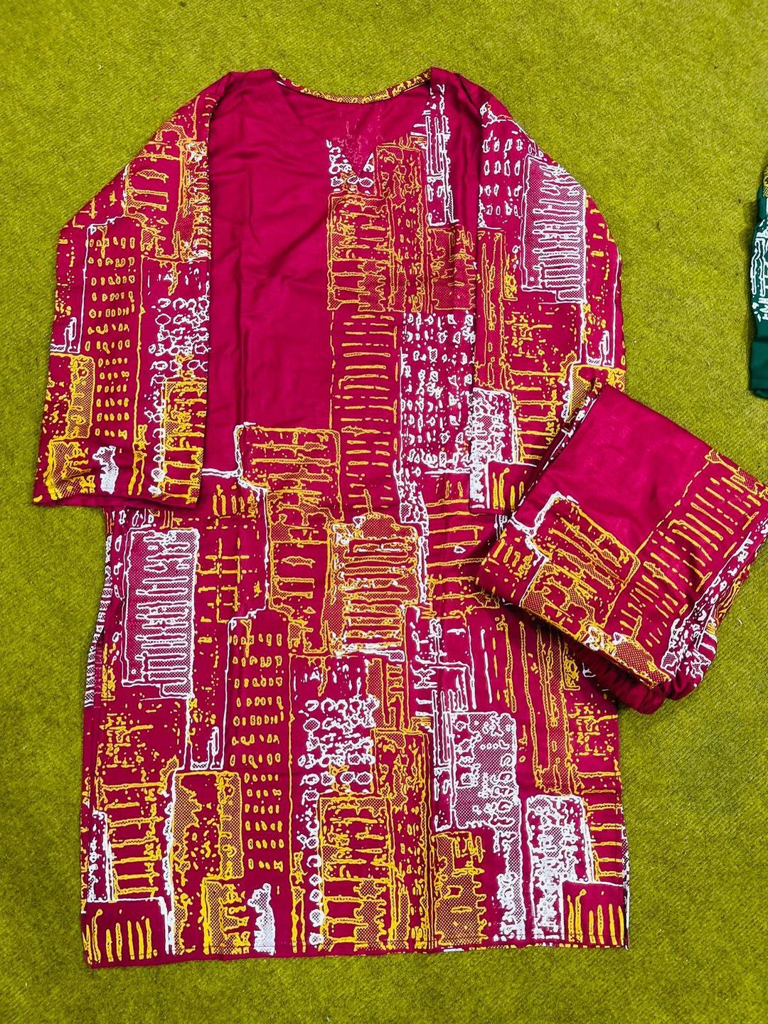 2 Pcs Women's Stitched Linen Block Printed Shirt And Trouser