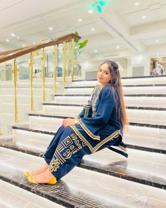 Elegant Embroidered Linen Shirt and Trouser Set for Women